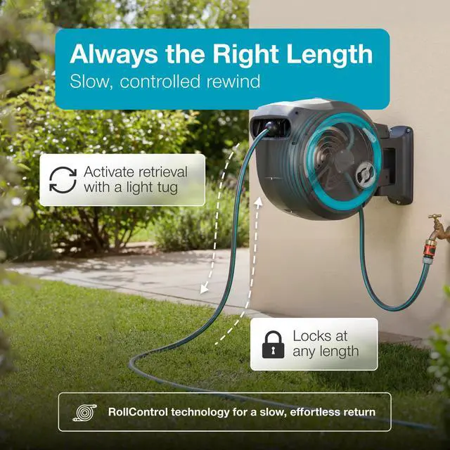 Alt view image 4 of 7 - Retractable Garden Hose Reel - 115 Feet - Auto Retract Hose Reel with 180° Swivel Wall Mount - Heavy Duty - Integrated Spray Nozzle - 18630
