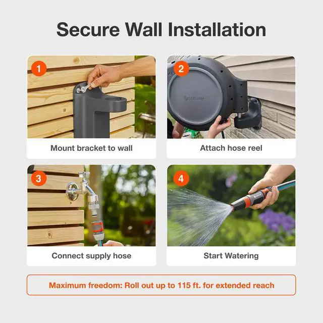 Alt view image 7 of 7 - Retractable Garden Hose Reel - 115 Feet - Auto Retract Hose Reel with 180° Swivel Wall Mount - Heavy Duty - Integrated Spray Nozzle - 18630
