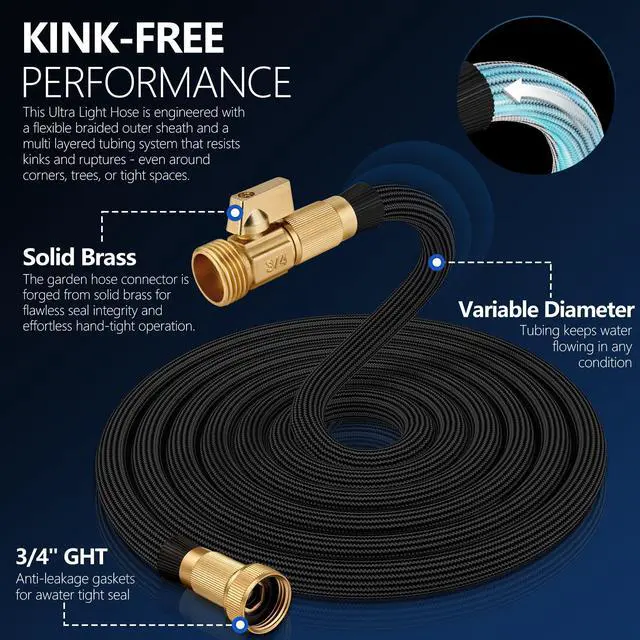 Alt view image 2 of 7 - Flexible Garden Hose 100 FT, Ultra Lightweight Water Hoses 100FT w/10 Function Sprayer and 3/4" Brass Fittings, Kink-Free, Sturdy, Abrasion Resistant for Yard, Lawn, Outdoor and Gardening(Black)