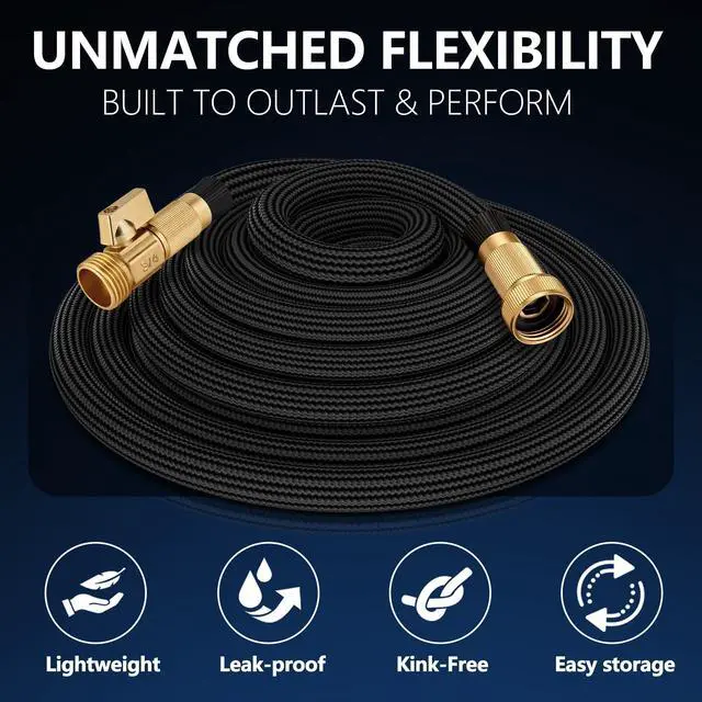 Alt view image 4 of 7 - Flexible Garden Hose 100 FT, Ultra Lightweight Water Hoses 100FT w/10 Function Sprayer and 3/4" Brass Fittings, Kink-Free, Sturdy, Abrasion Resistant for Yard, Lawn, Outdoor and Gardening(Black)