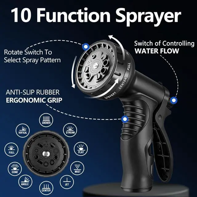 Alt view image 6 of 7 - Flexible Garden Hose 100 FT, Ultra Lightweight Water Hoses 100FT w/10 Function Sprayer and 3/4" Brass Fittings, Kink-Free, Sturdy, Abrasion Resistant for Yard, Lawn, Outdoor and Gardening(Black)