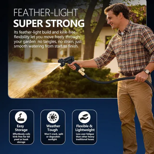 Alt view image 7 of 7 - Flexible Garden Hose 100 FT, Ultra Lightweight Water Hoses 100FT w/10 Function Sprayer and 3/4" Brass Fittings, Kink-Free, Sturdy, Abrasion Resistant for Yard, Lawn, Outdoor and Gardening(Black)