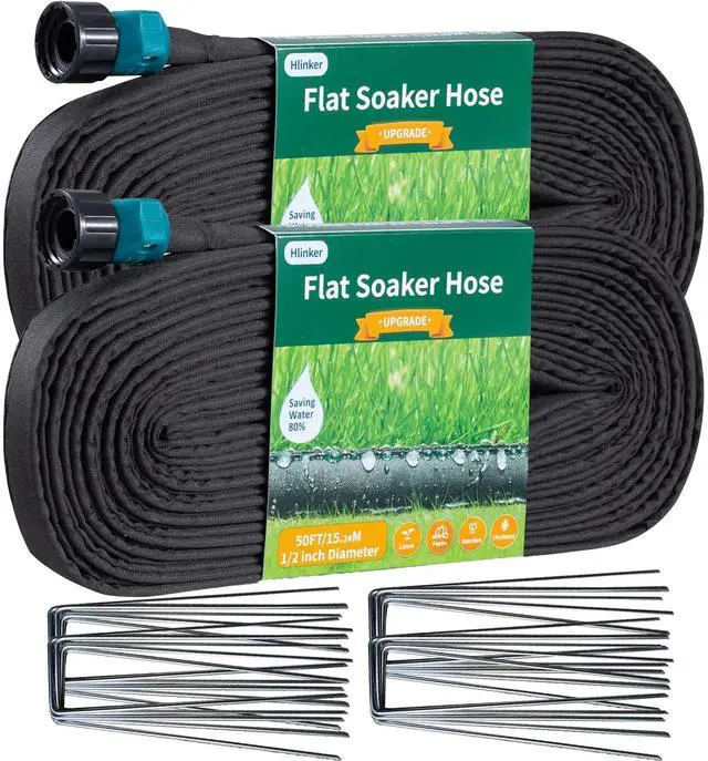 Main image of 2026 Flat Soaker Hose 100 ft (50ft 2Packs) with Stake for Garden, Linkable Drip Hose Diy Automates Garden Irrigation System Saving 88% Water, Dual-layer Leak-free Design Water Hose with Holes