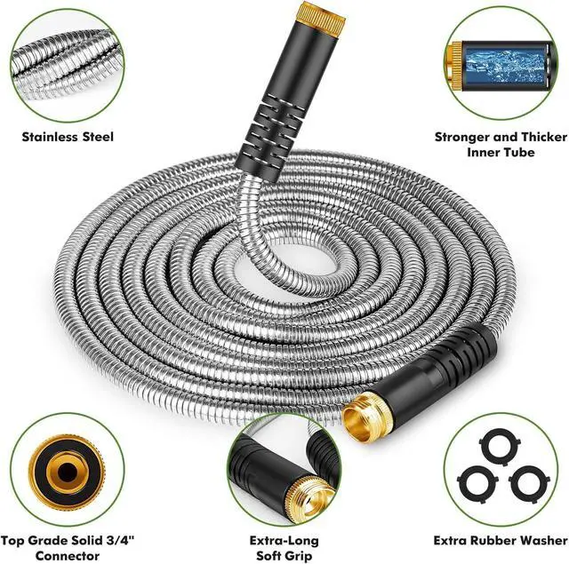 Alt view image 2 of 7 - Garden Hose 50 ft, Stainless Steel Water Hose with 10 Function Nozzle Flexible, Heavy Duty, Lightweight, No-Kink, Pet Proof, Puncture Proof Hose Metal for Yard, Outdoor