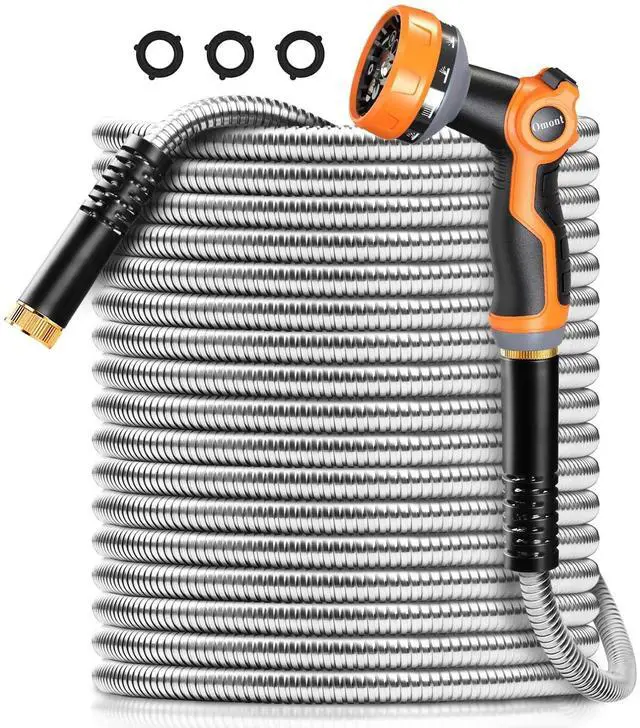 Main image of Metal Garden Hose 100FT, Stainless Steel Water Hose with Nozzle, Flexible, Lightweight, Puncture Proof, Never Kink & Tangle, Heavy Duty Garden Hose for Yard and Outdoor
