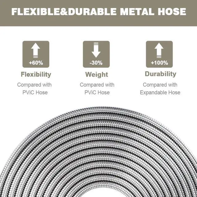 Alt view image 4 of 7 - Metal Garden Hose 100FT, Stainless Steel Water Hose with Nozzle, Flexible, Lightweight, Puncture Proof, Never Kink & Tangle, Heavy Duty Garden Hose for Yard and Outdoor