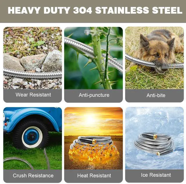 Alt view image 5 of 7 - Metal Garden Hose 100FT, Stainless Steel Water Hose with Nozzle, Flexible, Lightweight, Puncture Proof, Never Kink & Tangle, Heavy Duty Garden Hose for Yard and Outdoor
