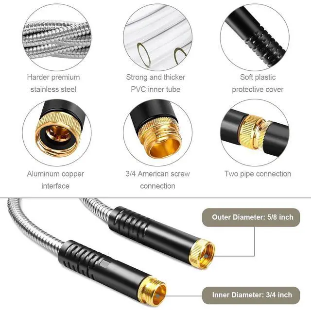 Alt view image 6 of 7 - Metal Garden Hose 100FT, Stainless Steel Water Hose with Nozzle, Flexible, Lightweight, Puncture Proof, Never Kink & Tangle, Heavy Duty Garden Hose for Yard and Outdoor