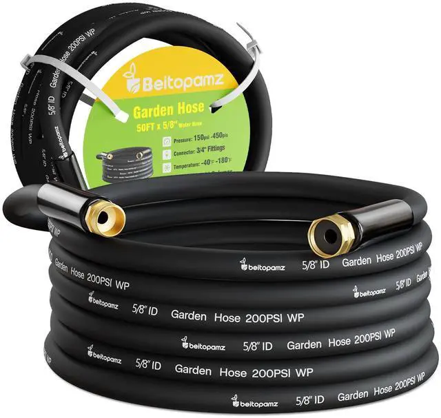 Main image of Garden Hose 50 ft x 5/8 in Heavy Duty Water Hose, Flexible and Durable, Lightweight Rubber Hybrid Hose, Leak-Free Connections, Male to Female 3/4'' Brass Fittings for Patio, Lawn, Black
