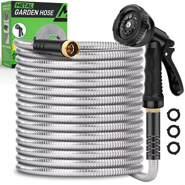 Main image of Garden Hose 50ft, Heavy Duty Stainless Steel Water Hose with 10 Functional Nozzles, No Kink, Lightweight and Flexible, Easy to Use and Store, Strong and Sturdy, Suitable for Yard and Lawn