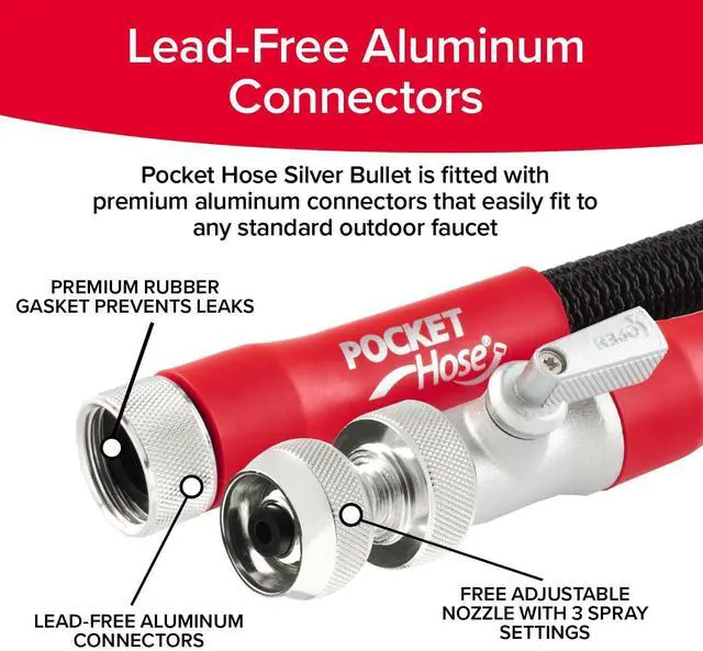 Alt view image 6 of 7 - 100 FT Silver Bullet 2.0 Expandable Garden Hose w/Turbo Shot Nozzle, AS SEEN ON TV, Lead-Free, Solid Aluminum Connectors, Easy On/Off Valve, Kink-Free, Leak-Proof