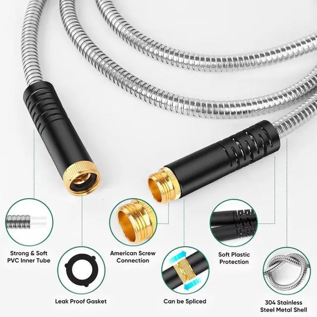 Alt view image 6 of 7 - Garden Hose 50ft, Heavy Duty Stainless Steel Water Hose with 10 Functional Nozzles, No Kink, Lightweight and Flexible, Easy to Use and Store, Strong and Sturdy, Suitable for Yard and Lawn
