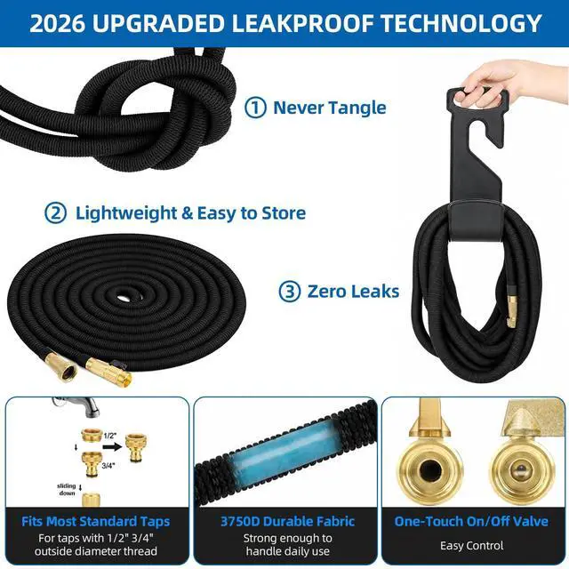 Alt view image 3 of 7 - 100 ft Expandable Garden Hose with 10-Function Spray Nozzle Flexible Water Hose with 3/4" Solid Brass Fittings, 3750D Extra-Strong Fabric, 5-Layer Latex Core, Leakproof & Kink-Free Expanding Hose