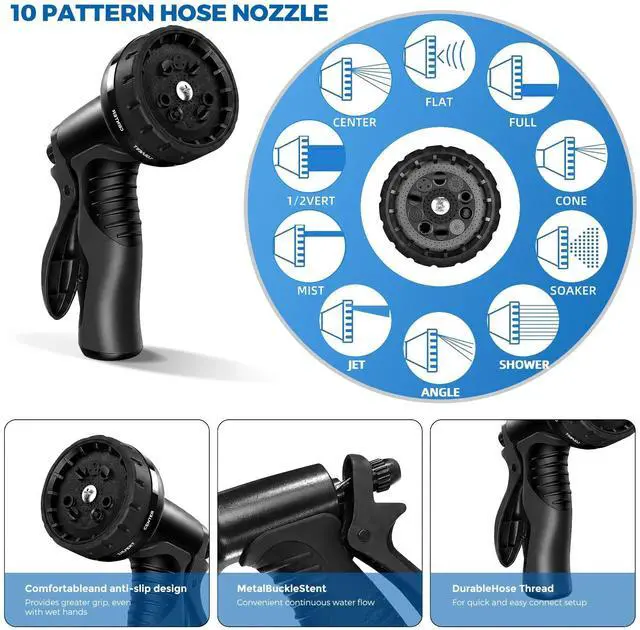 Alt view image 4 of 7 - 100 ft Expandable Garden Hose with 10-Function Spray Nozzle Flexible Water Hose with 3/4" Solid Brass Fittings, 3750D Extra-Strong Fabric, 5-Layer Latex Core, Leakproof & Kink-Free Expanding Hose