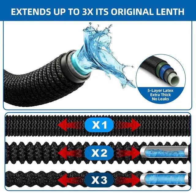 Alt view image 2 of 7 - 100 ft Expandable Garden Hose with 10-Function Spray Nozzle Flexible Water Hose with 3/4" Solid Brass Fittings, 3750D Extra-Strong Fabric, 5-Layer Latex Core, Leakproof & Kink-Free Expanding Hose