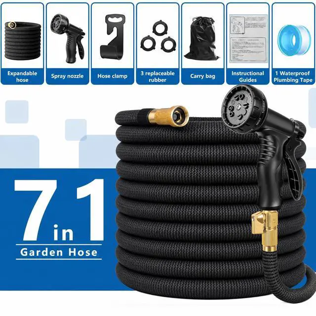 Alt view image 6 of 7 - 100 ft Expandable Garden Hose with 10-Function Spray Nozzle Flexible Water Hose with 3/4" Solid Brass Fittings, 3750D Extra-Strong Fabric, 5-Layer Latex Core, Leakproof & Kink-Free Expanding Hose
