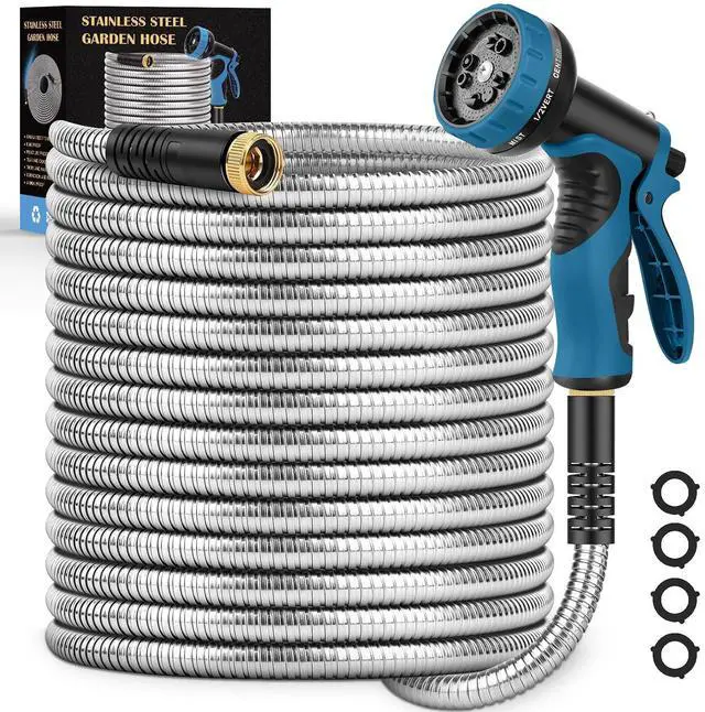 Main image of Garden Hose 50FT, Water Hose with 10 Function Nozzle, Garden Hose Metal with Leak-proof Connectors, Kink-Free & Ultra Flexible, Rust/Pet/Puncture Proof for Lawn, Yard, RV, Car Wash, 550PSI