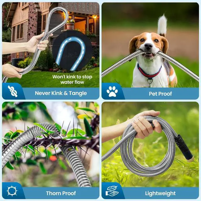 Alt view image 4 of 7 - Garden Hose 50FT, Water Hose with 10 Function Nozzle, Garden Hose Metal with Leak-proof Connectors, Kink-Free & Ultra Flexible, Rust/Pet/Puncture Proof for Lawn, Yard, RV, Car Wash, 550PSI