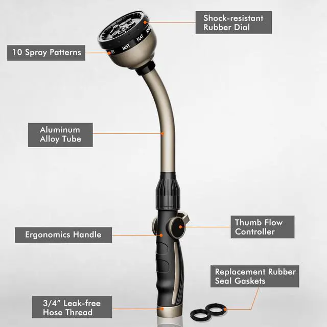 Alt view image 2 of 7 - Watering Wand Heavy Duty, Metal Garden Hose Wand with 10 Spray Patterns, 15-Inch Long Hose Nozzle Sprayer with Thumb Flow Control, Ideal to Water Hanging Baskets and Shrubs