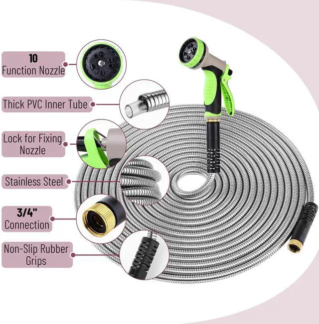 Alt view image 5 of 7 - Metal Garden Hose with 10 Functions Spray Nozzle, 100 Feet, No Kink