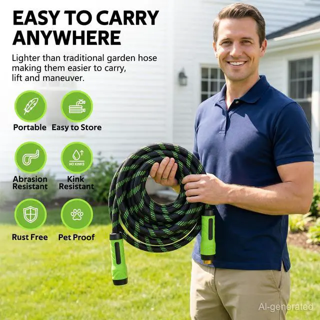 Alt view image 6 of 7 - NON-EXPANDABLE Garden Hose 25 FT, Heavy Duty Steel Metal Flexible Water Hose with 10-Function Spray Nozzle, Durable Fabric Skin, No Kinks & Leak-Proof with Upgraded Handle