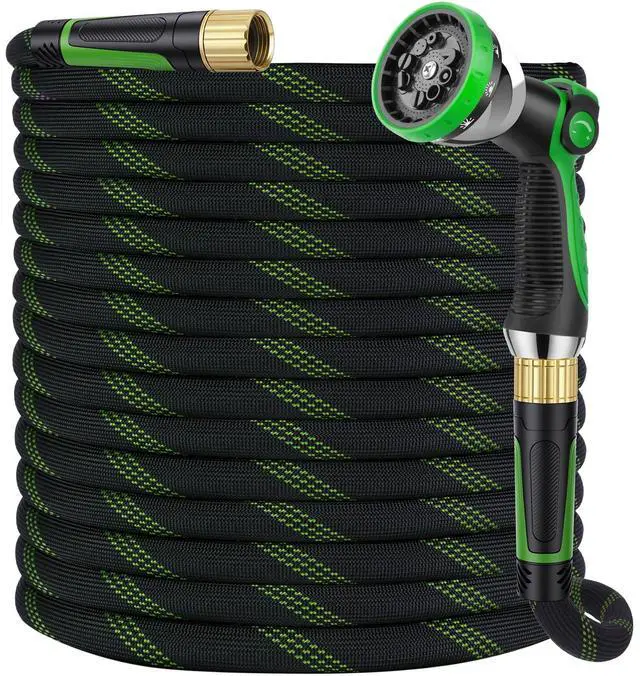 Main image of Garden Hose 100 ft, Non-Expandable Ultra-Lightweight Flexible Hose with 360° Dual-End Anti-Kink Design, 10-Pattern Spray Nozzle, 500 PSI Leak-Proof, 96-Strand Braided Fabric, Storage Strap