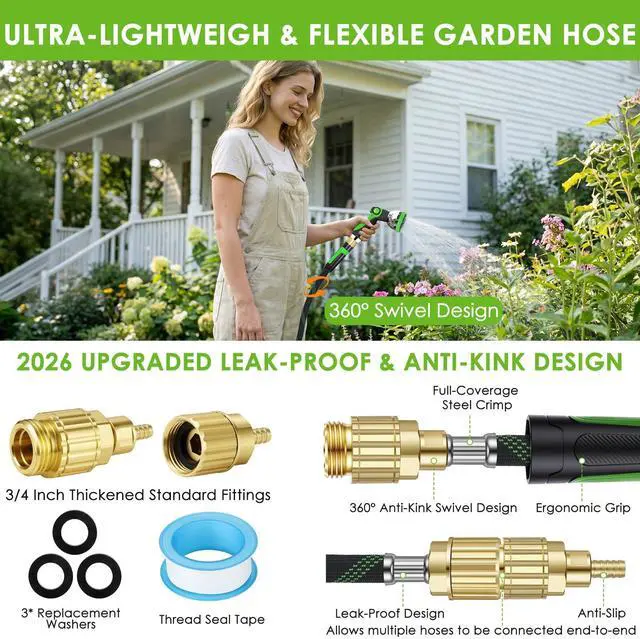 Alt view image 4 of 6 - Garden Hose 100 ft, Non-Expandable Ultra-Lightweight Flexible Hose with 360° Dual-End Anti-Kink Design, 10-Pattern Spray Nozzle, 500 PSI Leak-Proof, 96-Strand Braided Fabric, Storage Strap