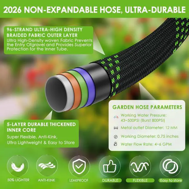 Alt view image 5 of 6 - Garden Hose 100 ft, Non-Expandable Ultra-Lightweight Flexible Hose with 360° Dual-End Anti-Kink Design, 10-Pattern Spray Nozzle, 500 PSI Leak-Proof, 96-Strand Braided Fabric, Storage Strap