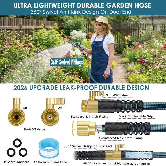 Alt view image 2 of 7 - Garden Hose 100 ft, Non-Expandable Lightweight Water Hose, 360° Swivel Anti-Kink Fittings, 10-Pattern Spray Nozzle & Shut-Off Valve, Flexible Water Hose for Yard, Lawn, Car Wash, Blue