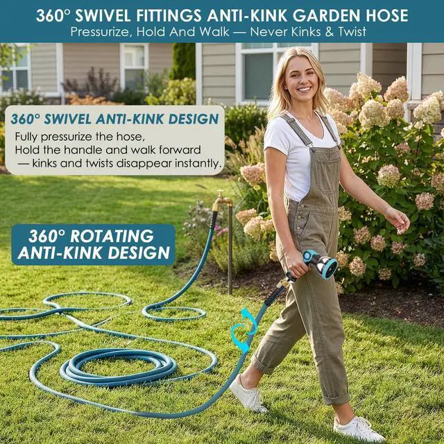 Alt view image 4 of 7 - Garden Hose 100 ft, Non-Expandable Lightweight Water Hose, 360° Swivel Anti-Kink Fittings, 10-Pattern Spray Nozzle & Shut-Off Valve, Flexible Water Hose for Yard, Lawn, Car Wash, Blue