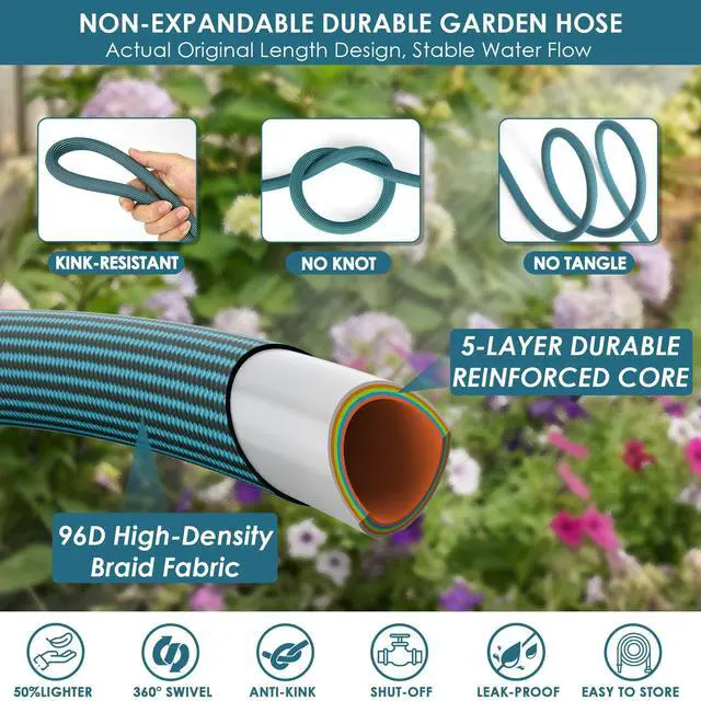 Alt view image 5 of 7 - Garden Hose 100 ft, Non-Expandable Lightweight Water Hose, 360° Swivel Anti-Kink Fittings, 10-Pattern Spray Nozzle & Shut-Off Valve, Flexible Water Hose for Yard, Lawn, Car Wash, Blue