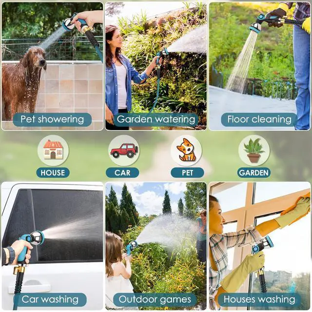 Alt view image 6 of 7 - Garden Hose 100 ft, Non-Expandable Lightweight Water Hose, 360° Swivel Anti-Kink Fittings, 10-Pattern Spray Nozzle & Shut-Off Valve, Flexible Water Hose for Yard, Lawn, Car Wash, Blue