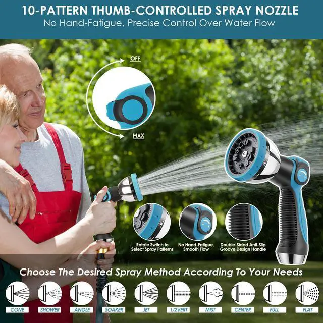 Alt view image 7 of 7 - Garden Hose 100 ft, Non-Expandable Lightweight Water Hose, 360° Swivel Anti-Kink Fittings, 10-Pattern Spray Nozzle & Shut-Off Valve, Flexible Water Hose for Yard, Lawn, Car Wash, Blue
