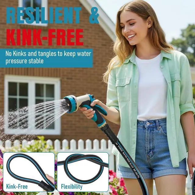 Alt view image 3 of 7 - Garden Hose 25 ft x 5/8" with Nozzle, Water Hose Heavy Duty Flexible, Lightweight Kink-less Hybrid Hose with Swivel Handle, Male to Female Fittings