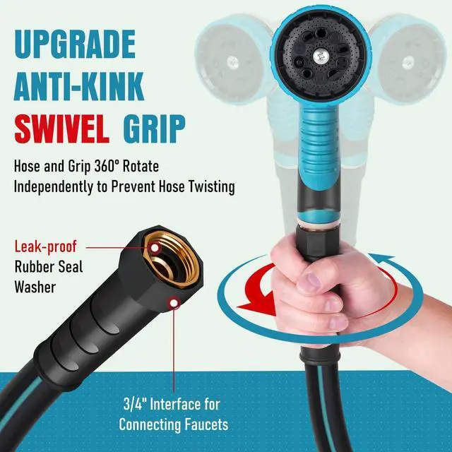 Alt view image 7 of 7 - Garden Hose 25 ft x 5/8" with Nozzle, Water Hose Heavy Duty Flexible, Lightweight Kink-less Hybrid Hose with Swivel Handle, Male to Female Fittings