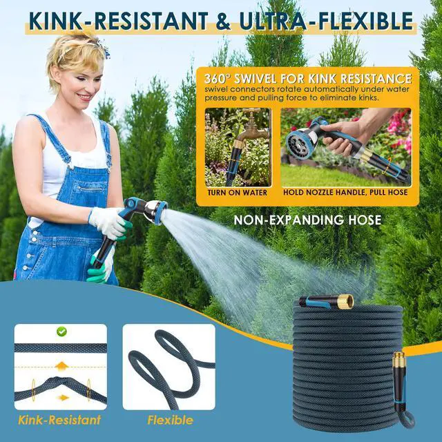 Alt view image 2 of 7 - Non-Expandable Garden Hose 100 FT, Lightweight Hose with 10 Function Spray Nozzle, Kink-Free Flexible Water Hose, Durable, Leak-Proof, 360° Swivel Connectors, Portable Storage Strap