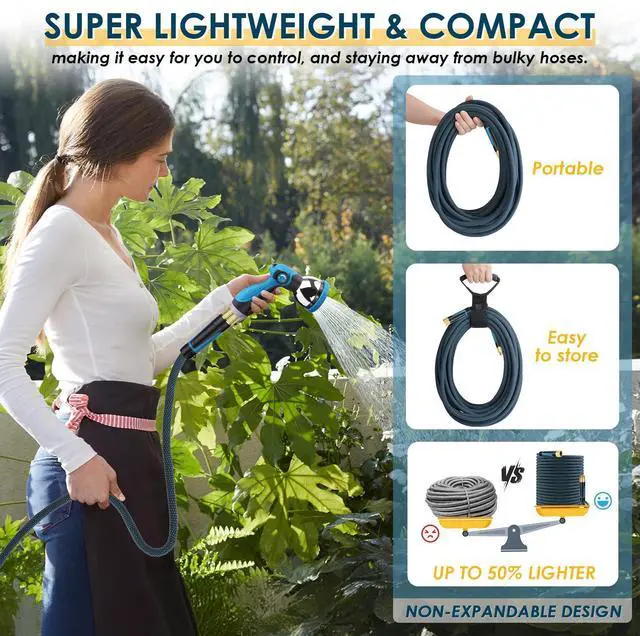 Alt view image 3 of 7 - Non-Expandable Garden Hose 100 FT, Lightweight Hose with 10 Function Spray Nozzle, Kink-Free Flexible Water Hose, Durable, Leak-Proof, 360° Swivel Connectors, Portable Storage Strap