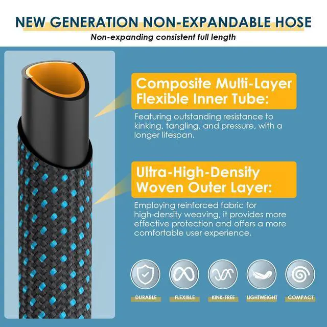 Alt view image 4 of 7 - Non-Expandable Garden Hose 100 FT, Lightweight Hose with 10 Function Spray Nozzle, Kink-Free Flexible Water Hose, Durable, Leak-Proof, 360° Swivel Connectors, Portable Storage Strap
