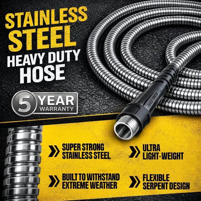 Alt view image 2 of 7 - 100 Ft Metal Garden Hose with Sprayer Nozzle, Non Kinking Designed Stainless Steel Heavy Duty Water Hose 100 Ft x 5/8 in. Flexible NON Expandable for Uninterrupted Water Flow, 500 PSI