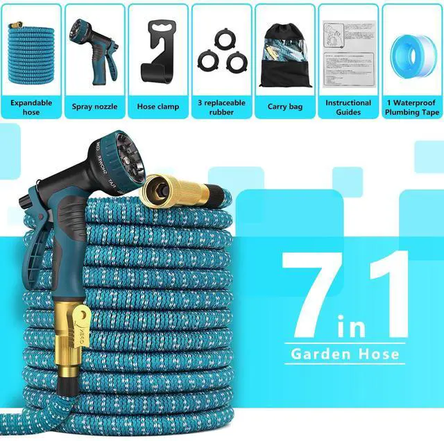 Alt view image 5 of 6 - 100 ft Expandable Garden Hose - 2026 Newly No-Kink 5-Layer Latex Core Water Hose with 10-Pattern Nozzle, Flexible, Lightweight, Leak-Free, 3/4 Solid Brass Fittings, 3750D Retractable Expanding Hose