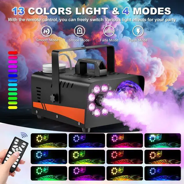 Alt view image 2 of 7 - Fog Machine, Smoke Machine with Disco Ball Lights, 800W and 4500CFM with 13-Color LED Effects, Wired And Wireless Remote Controls, Ideal for Indoor, Outdoor, Halloween, Wedding, and Parties