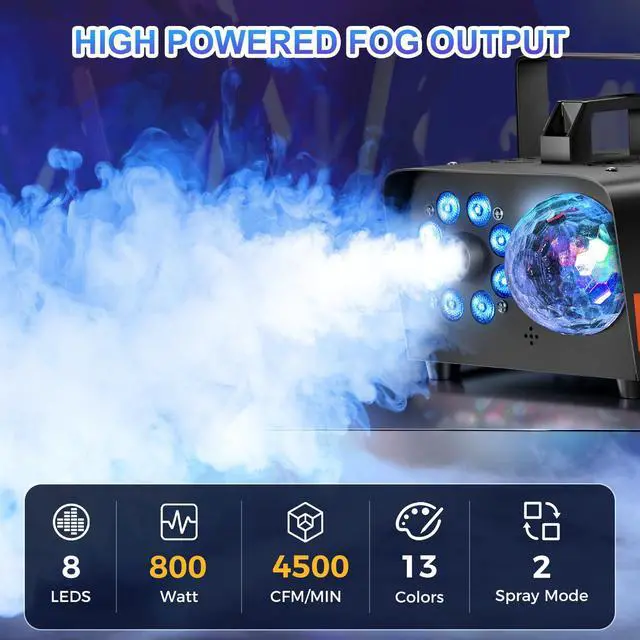 Alt view image 3 of 7 - Fog Machine, Smoke Machine with Disco Ball Lights, 800W and 4500CFM with 13-Color LED Effects, Wired And Wireless Remote Controls, Ideal for Indoor, Outdoor, Halloween, Wedding, and Parties