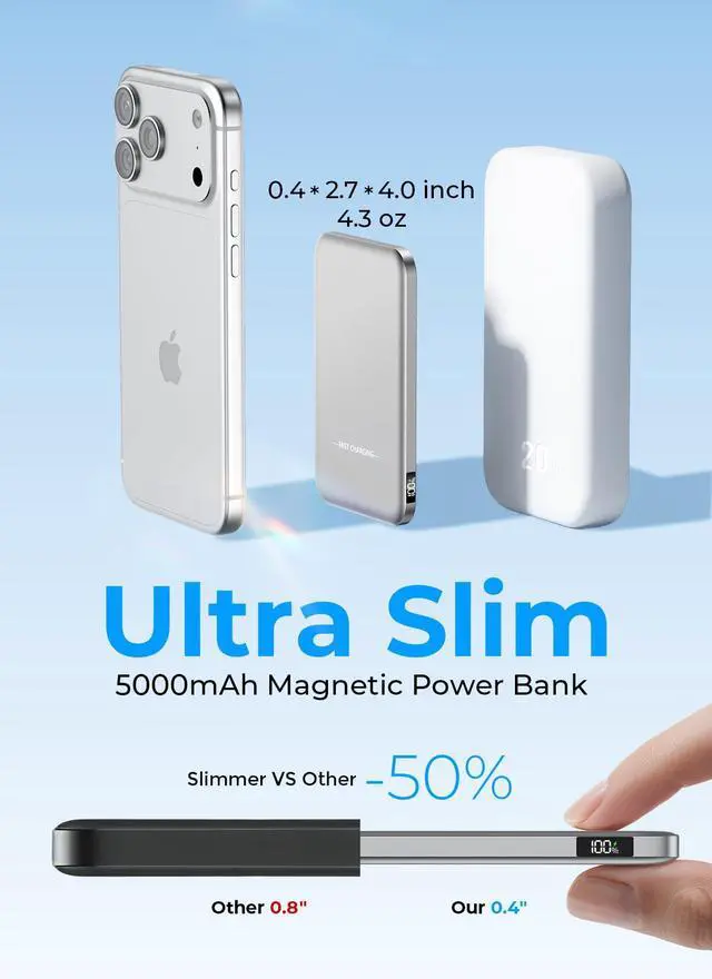 Alt view image 2 of 7 - 0.4" Ultra Slim Magnetic Portable Charger, 50% Smaller 5000mAh Power Bank with LED Display, Fast Charging Wireless Battery Pack, Travel Essential MagSafe Compatible Charger for iPhone 17/16/15 - Gray