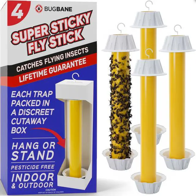 Main image of Fly Stick Sticky Fly Traps for Indoors Outdoor 4pk. Non-Toxic Super Sticky Hanging Flies Catcher Paper Tape Strips for Home. Catches All Bugs and gnats. Indoor Outdoor House Flying Insect Trap.