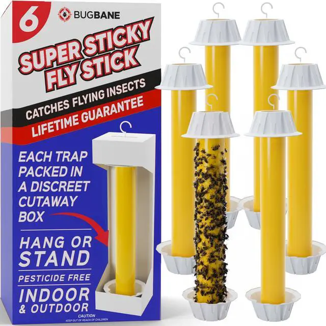 Main image of Fly Stick Sticky Fly Traps for Indoors Outdoor 6pk. Non-Toxic Super Sticky Hanging Flies Catcher Paper Tape Strips for Home. Catches All Bugs and gnats. Indoor Outdoor House Flying Insect Trap.