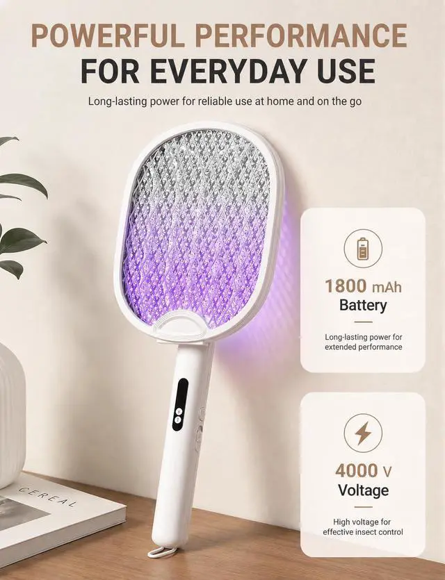 Alt view image 5 of 7 - Electric Fly Swatter 4000V Bug Zapper Racket with 1800mAh Rechargeable Battery 5-Layer Safety Mesh Dual Modes 180° Foldable Ideal for Indoor or Outdoor Use (White)