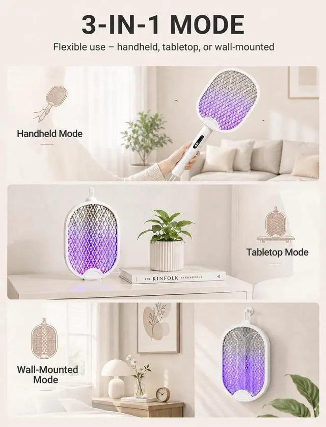 Alt view image 7 of 7 - Electric Fly Swatter 4000V Bug Zapper Racket with 1800mAh Rechargeable Battery 5-Layer Safety Mesh Dual Modes 180° Foldable Ideal for Indoor or Outdoor Use (White)