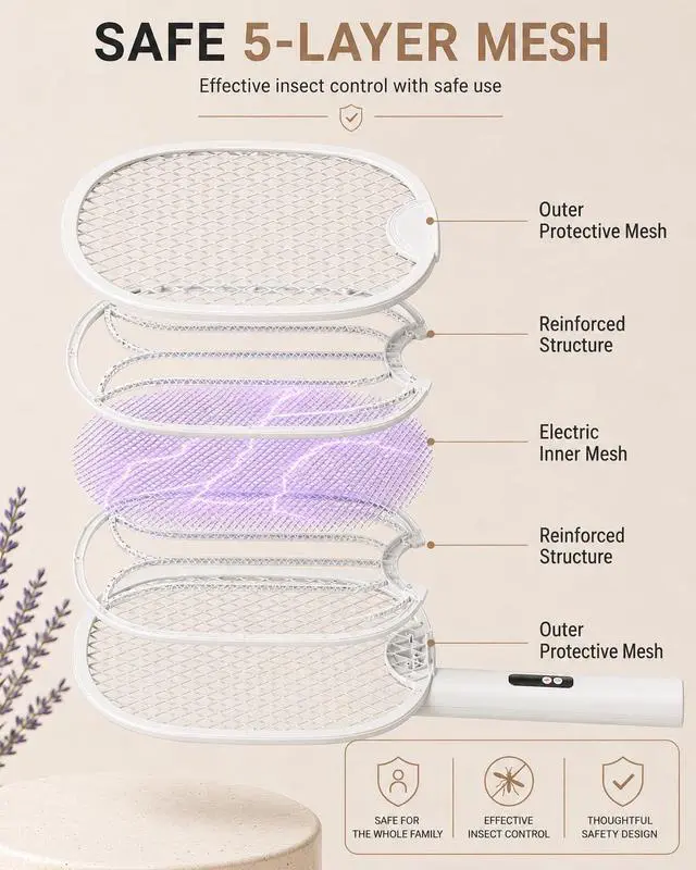 Alt view image 4 of 7 - Electric Fly Swatter 4000V Bug Zapper Racket with 1800mAh Rechargeable Battery 5-Layer Safety Mesh Dual Modes 180° Foldable Ideal for Indoor or Outdoor Use (White)