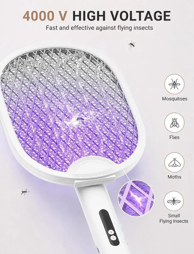 Alt view image 3 of 7 - Electric Fly Swatter 4000V Bug Zapper Racket with 1800mAh Rechargeable Battery 5-Layer Safety Mesh Dual Modes 180° Foldable Ideal for Indoor or Outdoor Use (White)