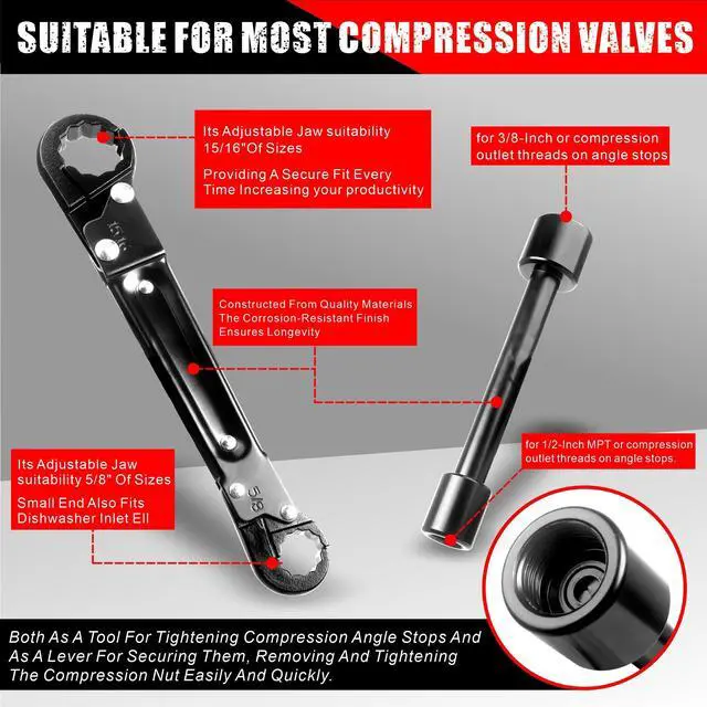 Alt view image 3 of 6 - Plumbing Tools, Angle Stop Wrench Kit, Plumbing Wrench. New Compression Angle Stop and Removing the Compression Ring Professional Plumbing Toolset For Easy Angle Stop And Supply Nut Installation